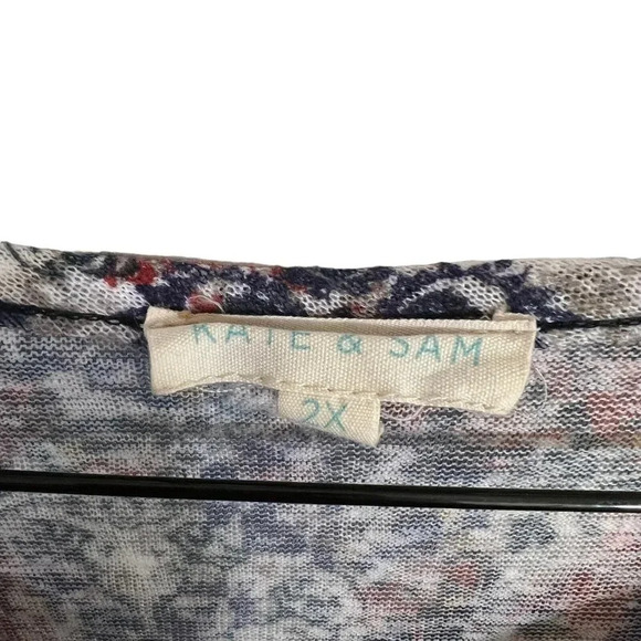 Kate & Sam Floral Blouse 2X Semi Sheer Tassles Navy Blue Red White Peplum Top - Picture 9 of 9